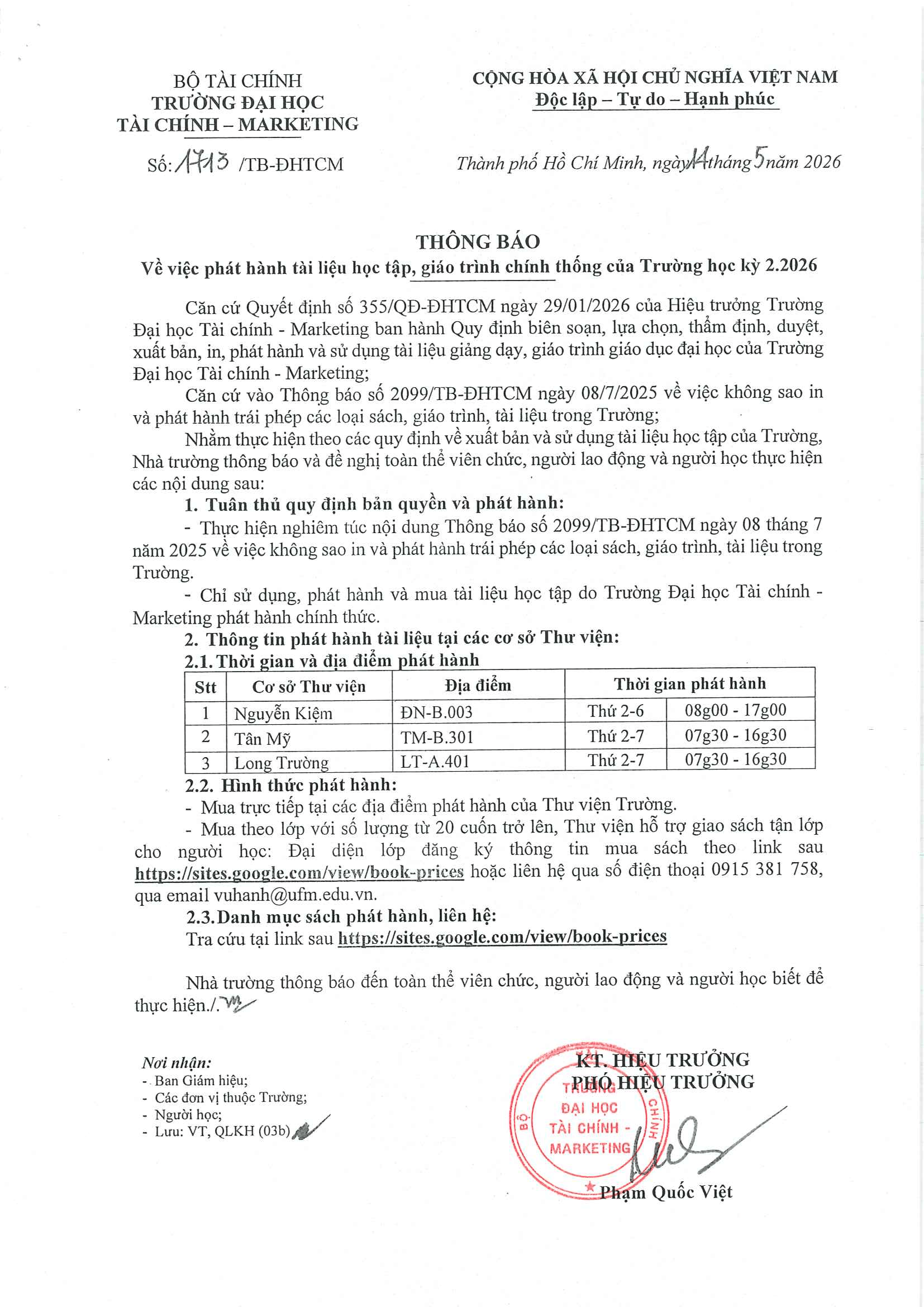 Thông báo Phát hành tài liệu học tập - giáo trình chính thống của trường HK2.2026
                                        